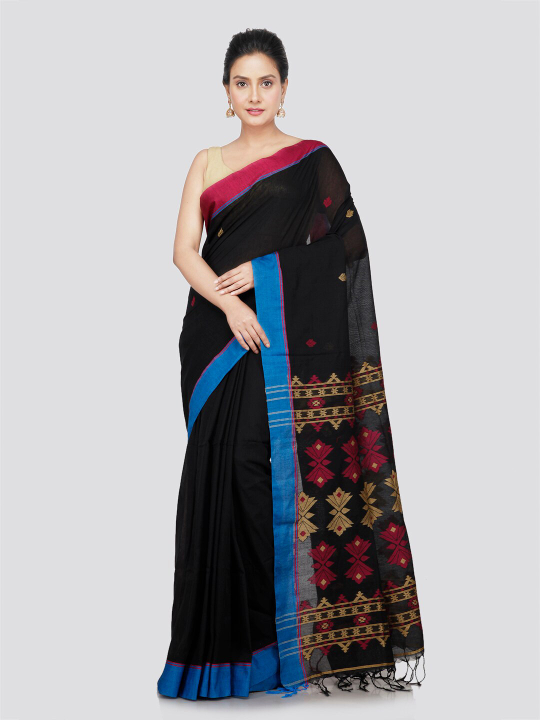 

PinkLoom Ethnic Motifs Woven Design Pure Cotton Saree, Black