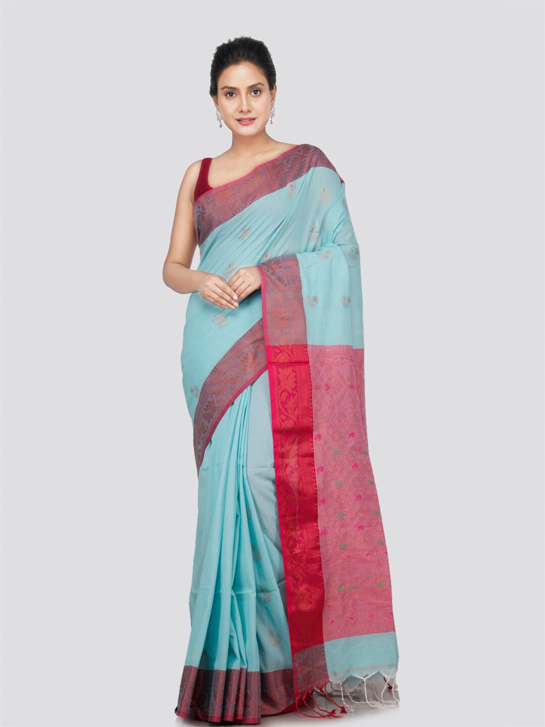 

PinkLoom Woven Design Pure Cotton Saree, Turquoise blue