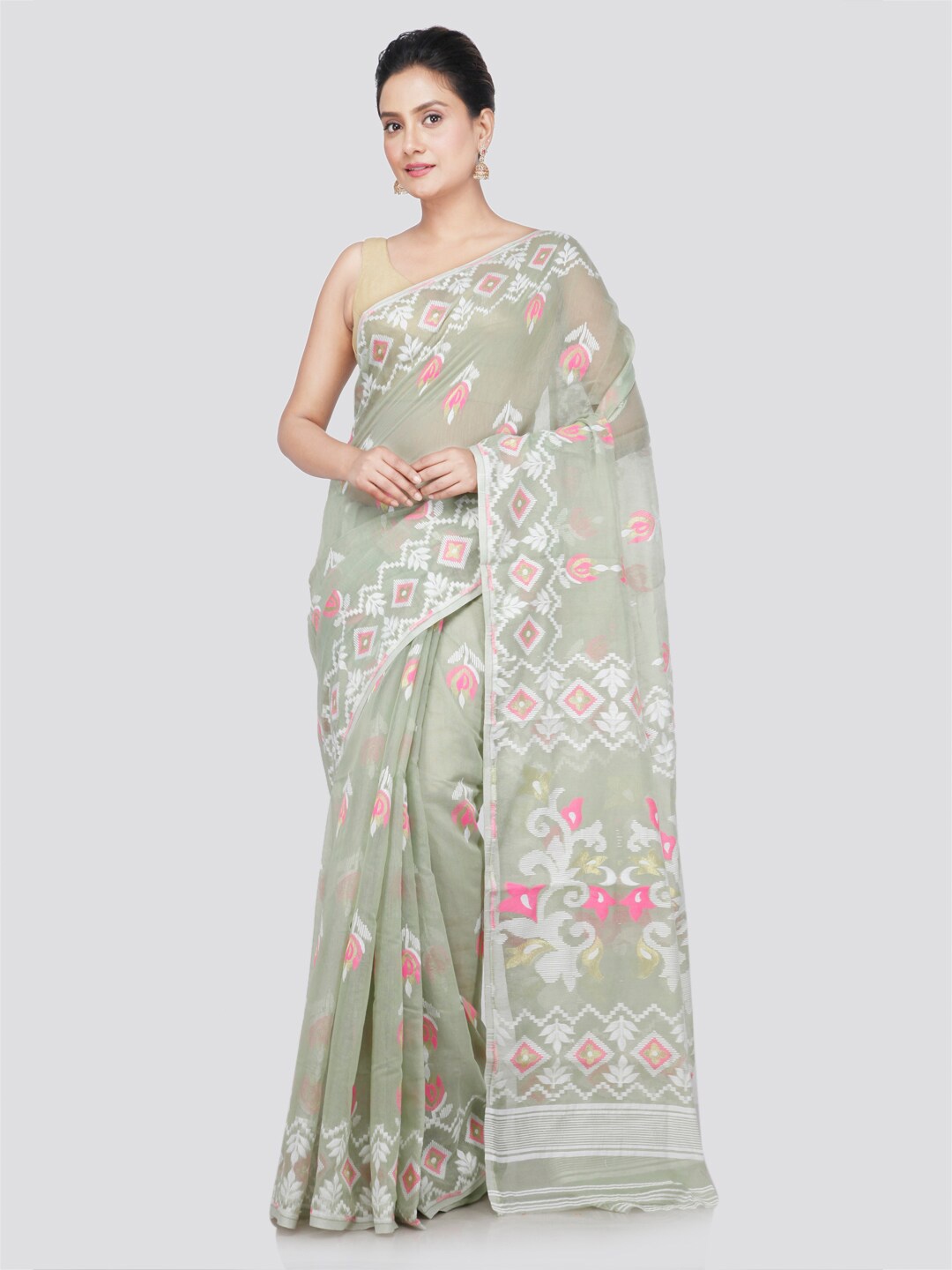

PinkLoom Ethnic Motifs Woven Design Pure Cotton Saree, Green
