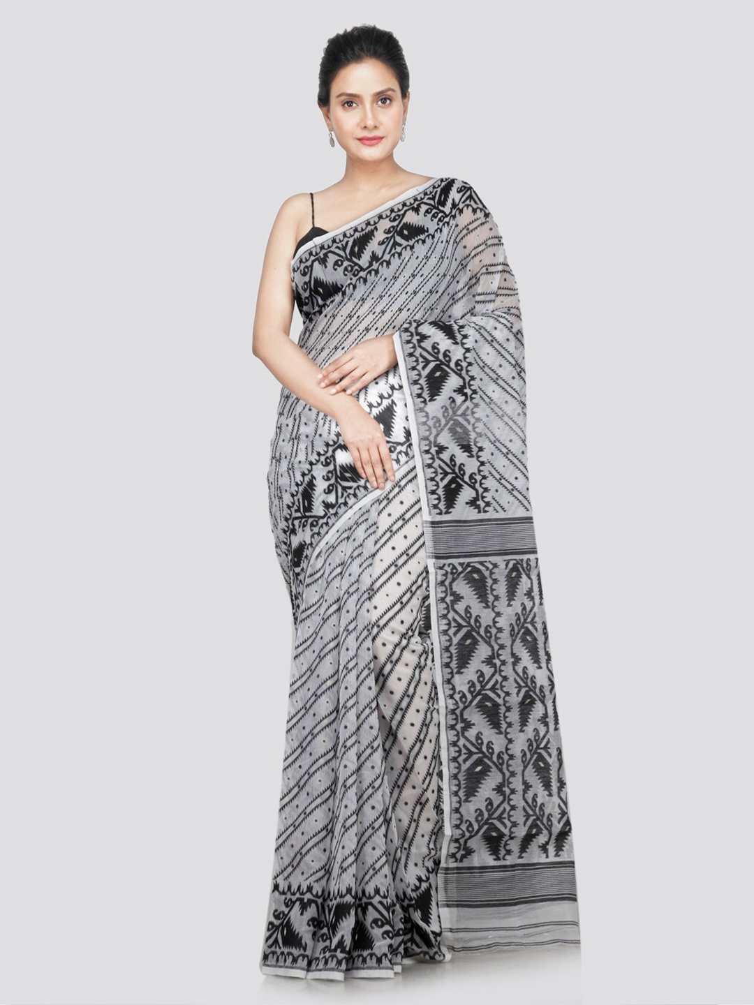 

PinkLoom Ethnic Motif Woven Design Pure Cotton Jamdani Saree, White