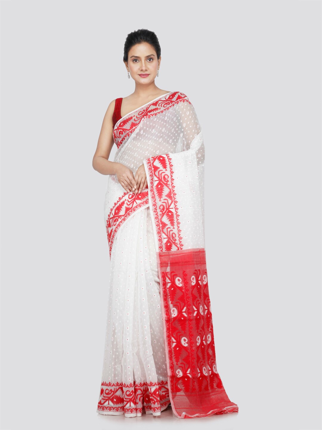 

PinkLoom Ethnic Motifs Woven Design Pure Cotton Jamdani Saree, White