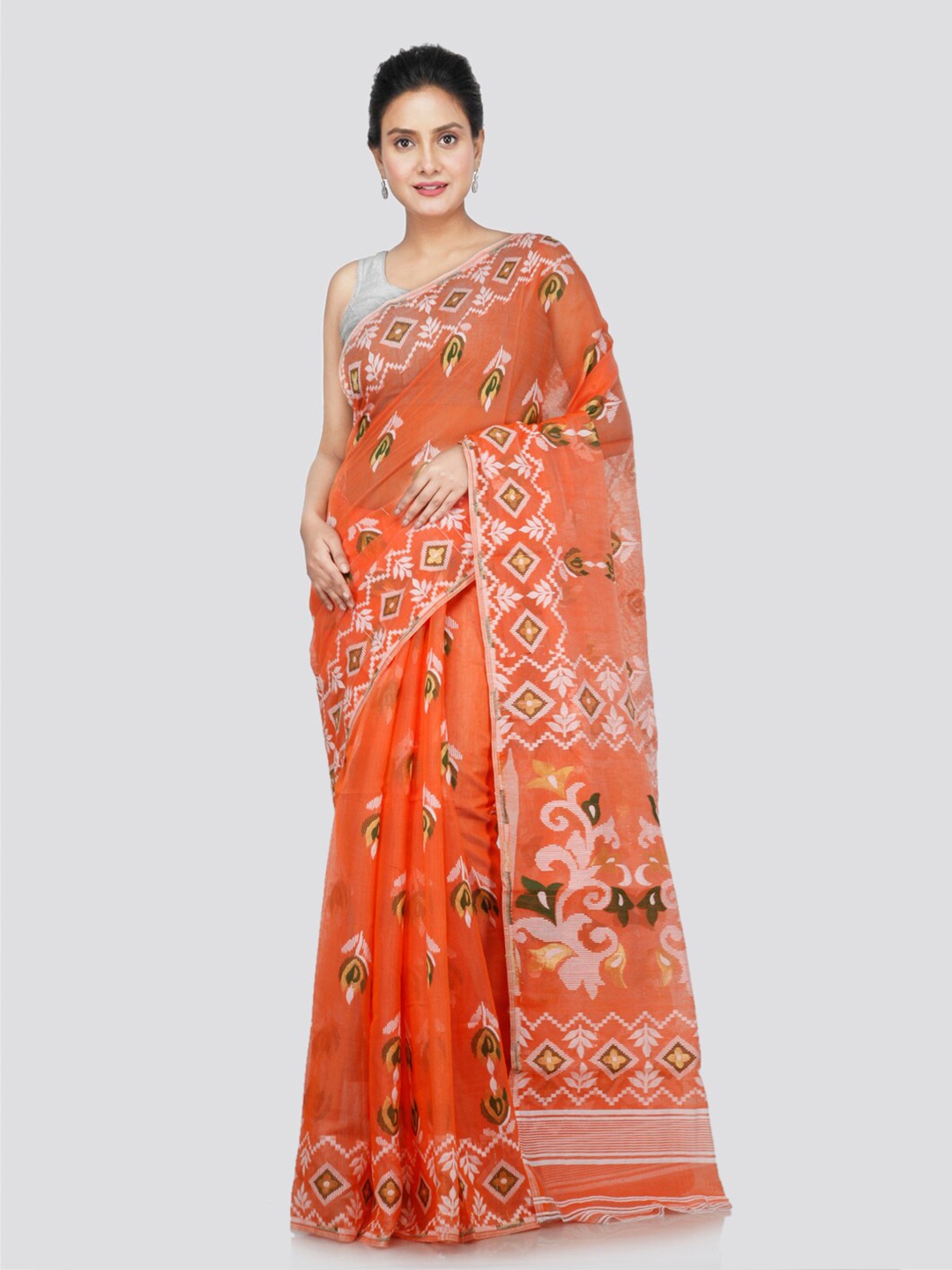 

PinkLoom Ethnic Motifs Woven Design Pure Cotton Saree, Orange