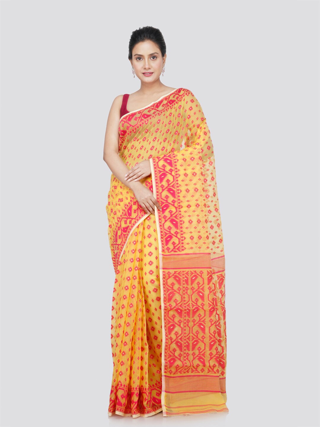 

PinkLoom Ethnic Motifs Woven Design Pure Cotton Jamdani Saree, Yellow