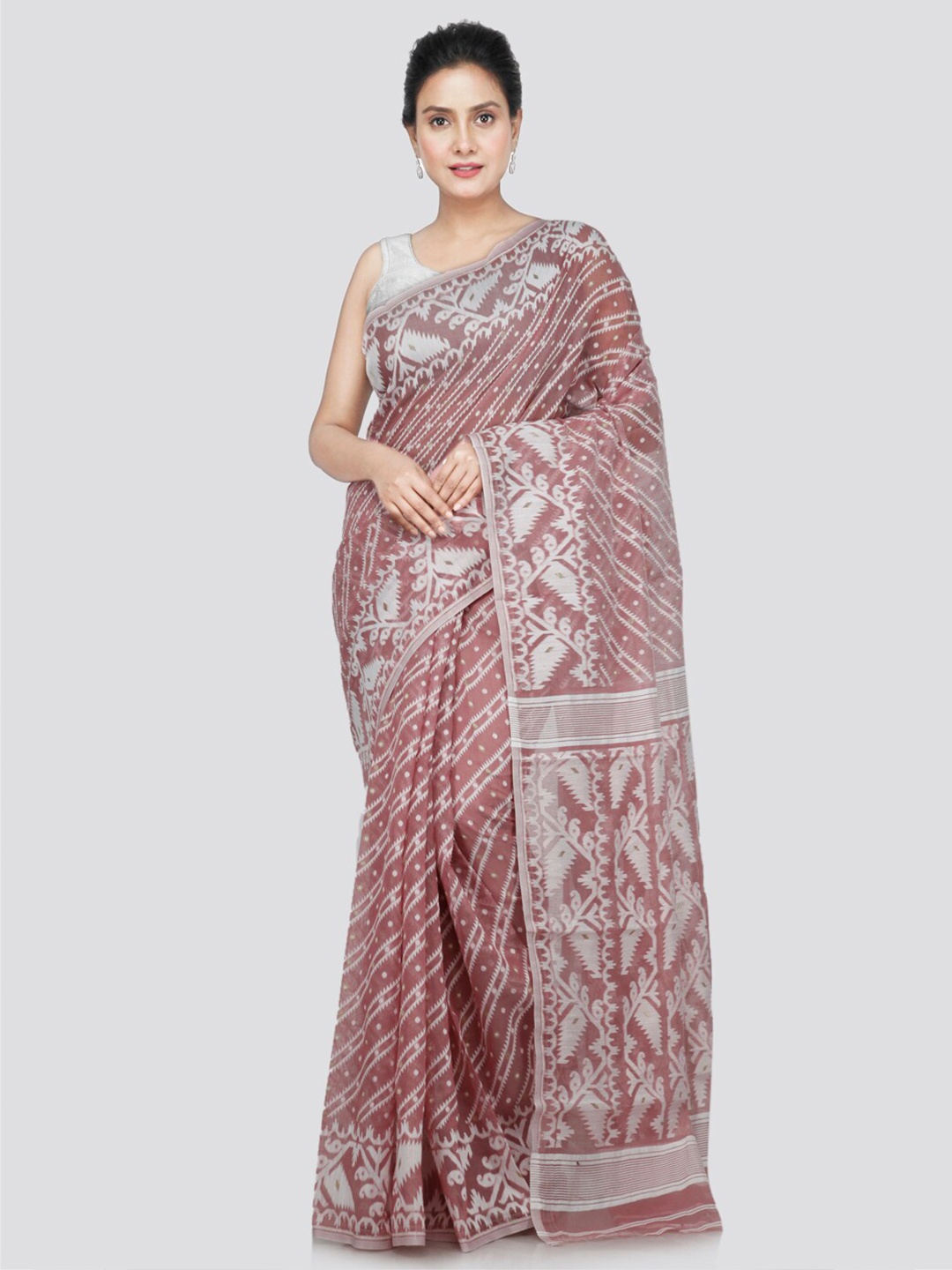 

PinkLoom Ethnic Motifs Woven Design Pure Cotton Jamdani Saree, Mauve