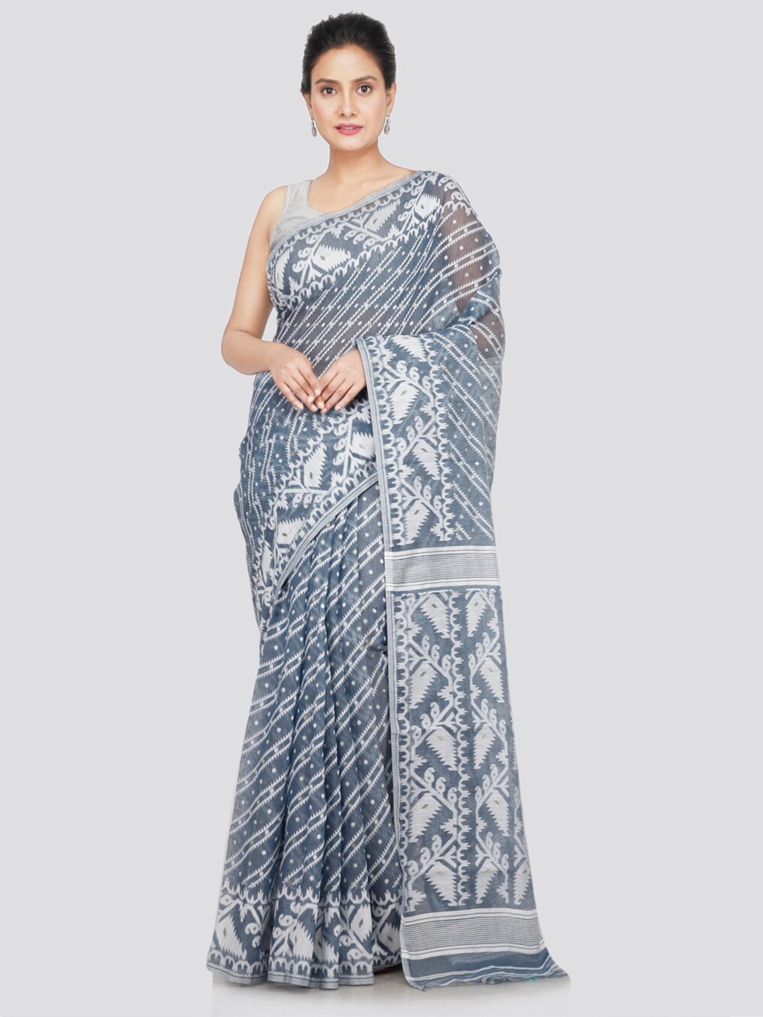 

PinkLoom Woven Design Pure Cotton Jamdani Saree, Grey