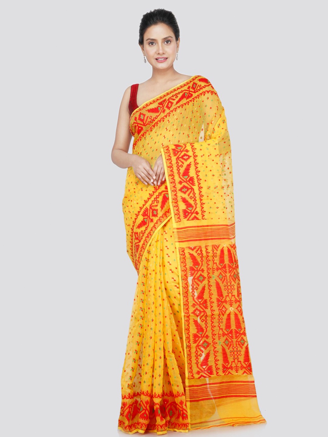 

PinkLoom Ethnic Motif Woven Design Pure Cotton Jamdani Saree, Yellow