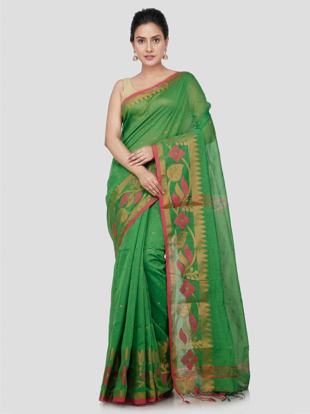 

PinkLoom Woven Design Zari Pure Cotton Saree, Green