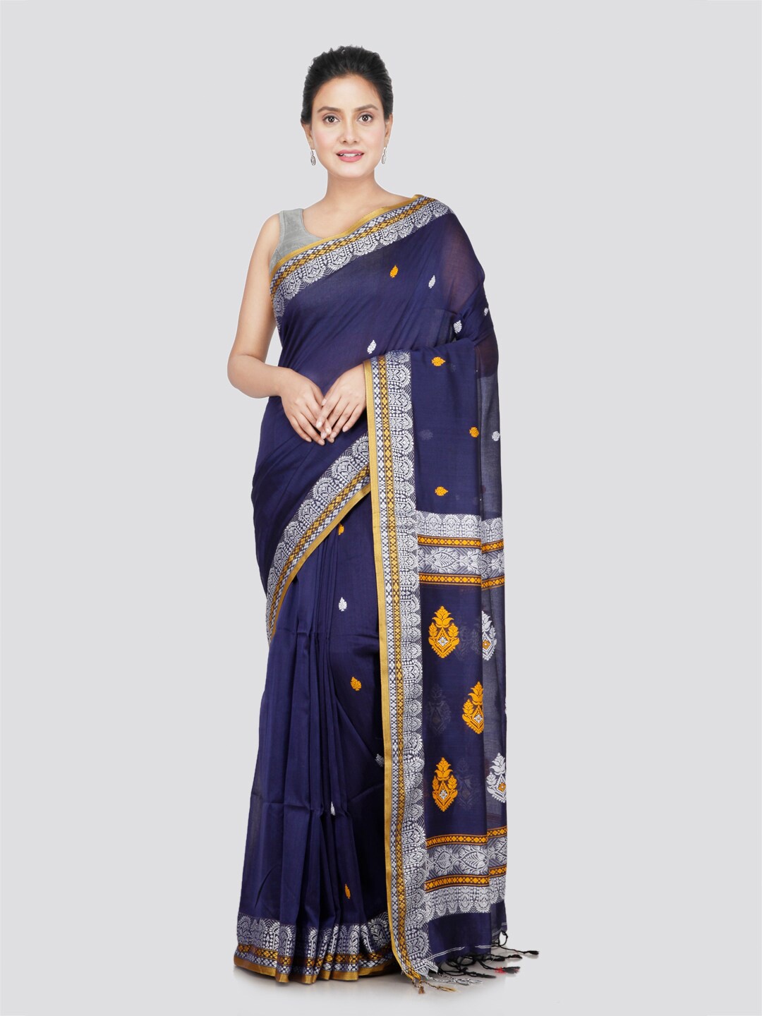 

PinkLoom Ethnic Motifs Woven Design Zari Pure Cotton Saree, Navy blue