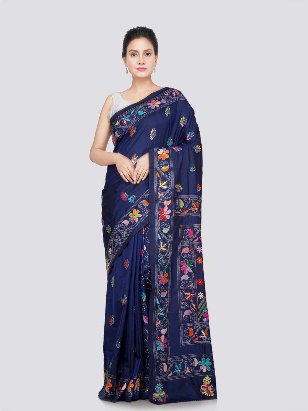 

PinkLoom Floral Kantha Work Saree, Navy blue