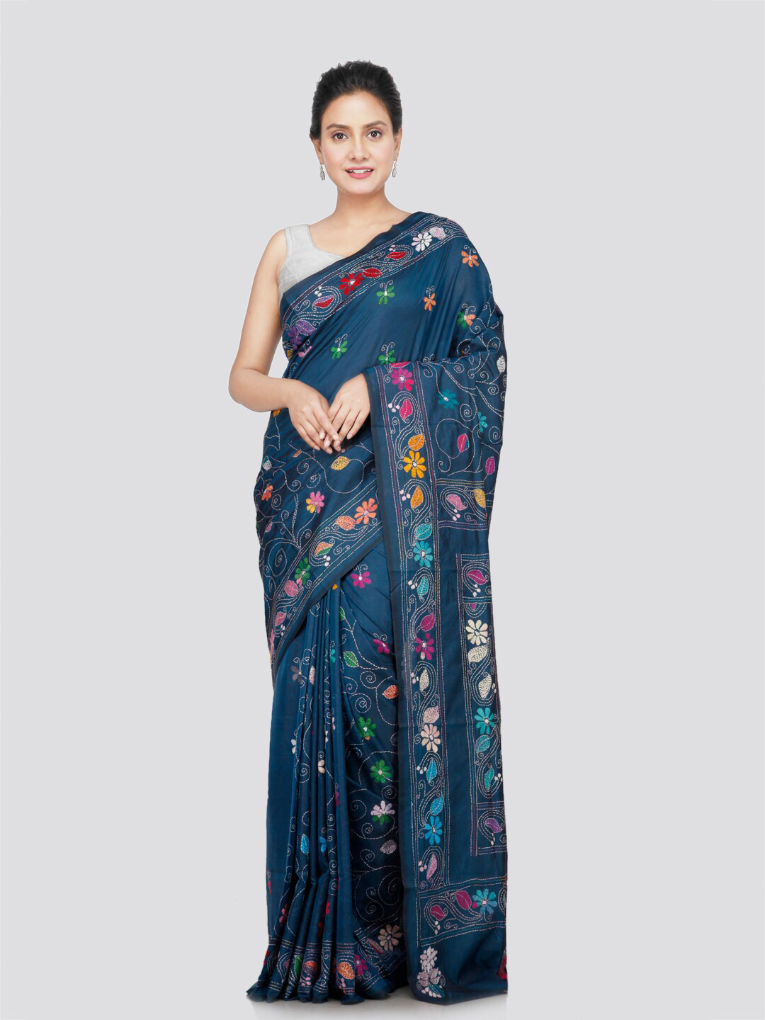

PinkLoom Floral Kantha Work Saree, Blue