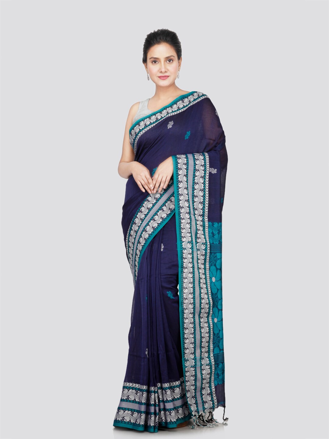 

PinkLoom Floral Woven Design Pure Cotton Saree, Blue