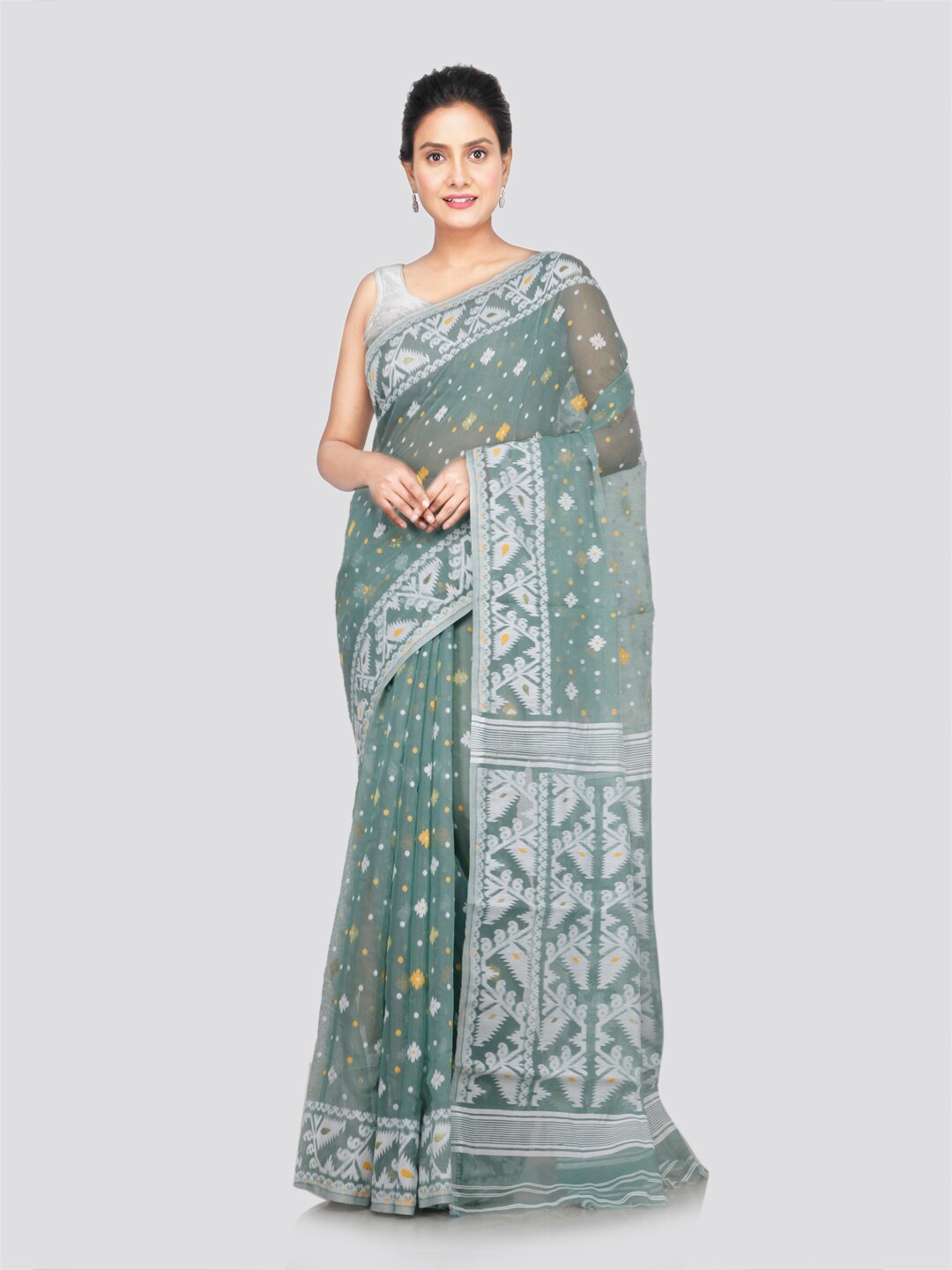 

PinkLoom Woven Design Zari Pure Cotton Jamdani Saree, Green