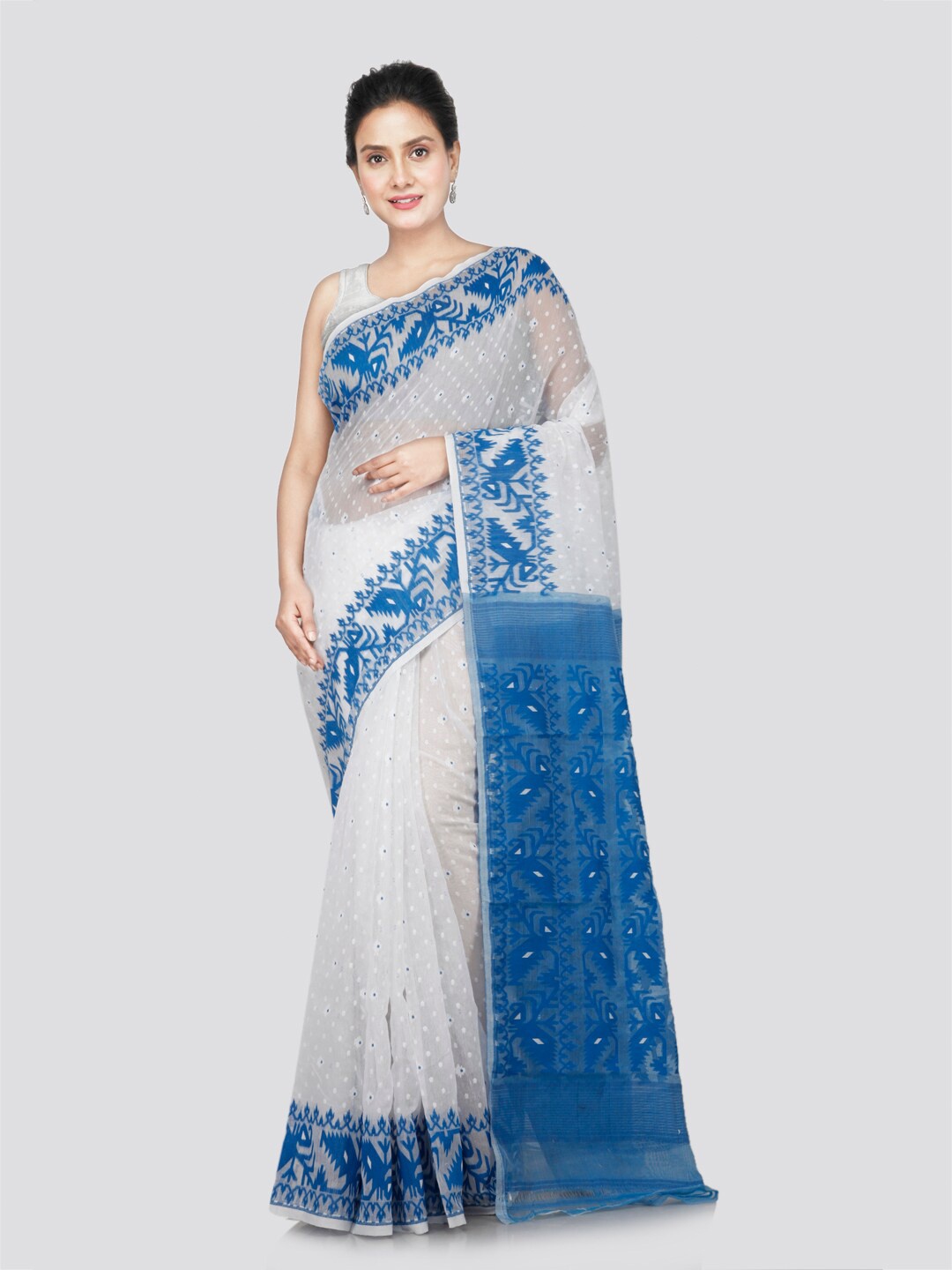 

PinkLoom Floral Woven Design Pure Cotton Jamdani Saree, White