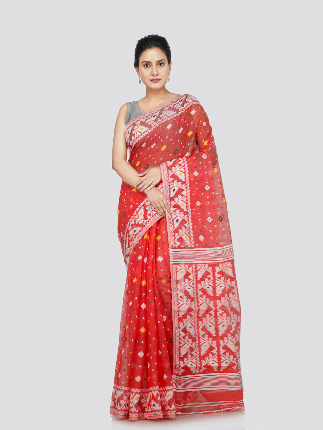 

PinkLoom Ethnic Motifs Pure Cotton Jamdani Saree, Peach