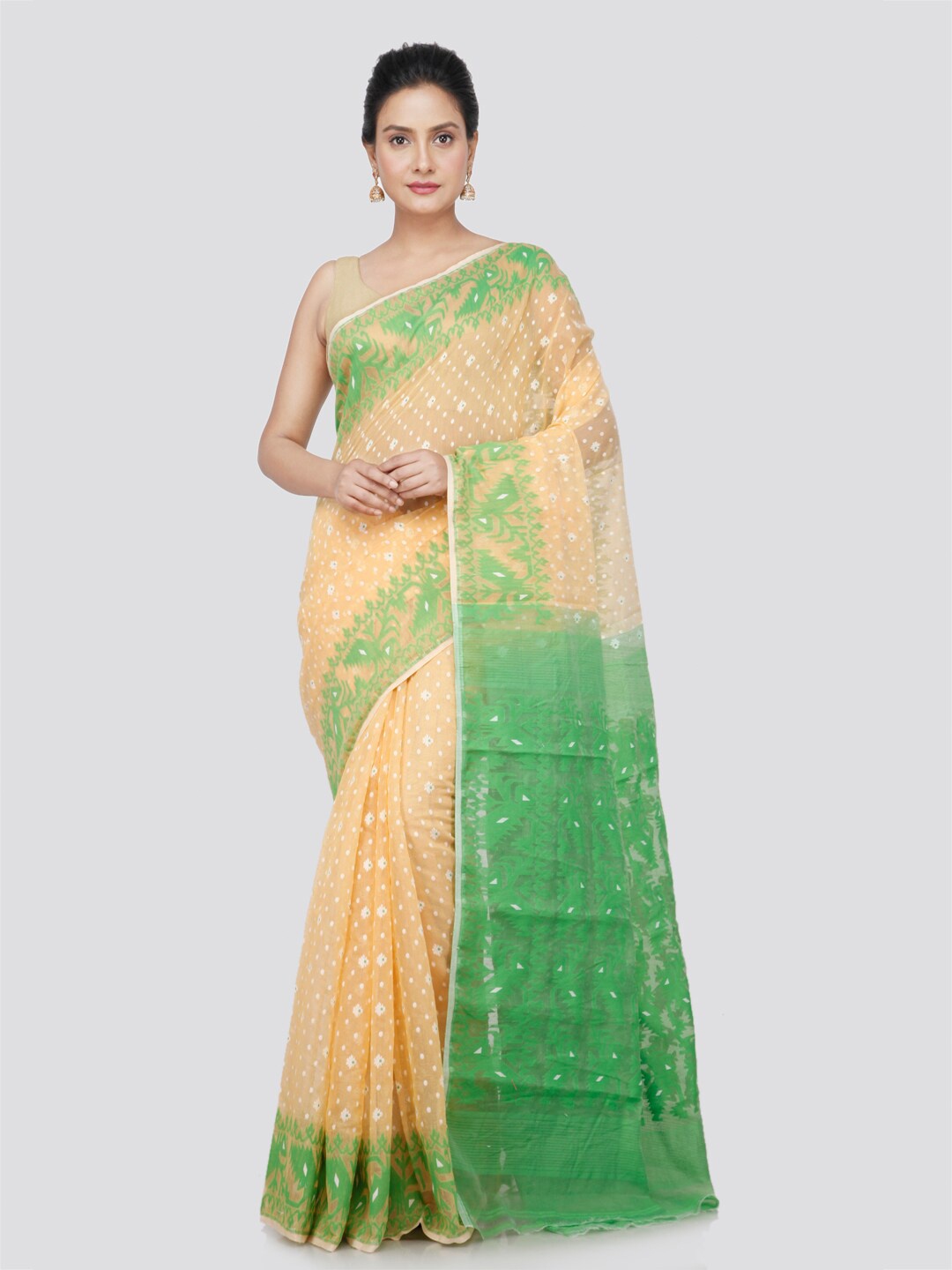 

PinkLoom Floral Woven Design Pure Cotton Jamdani Saree, Beige