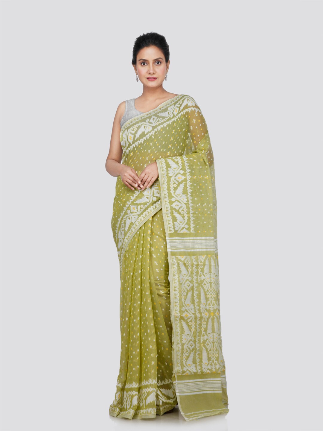 

PinkLoom Ethnic Motifs Woven Design Zari Pure Cotton Jamdani Saree, Green