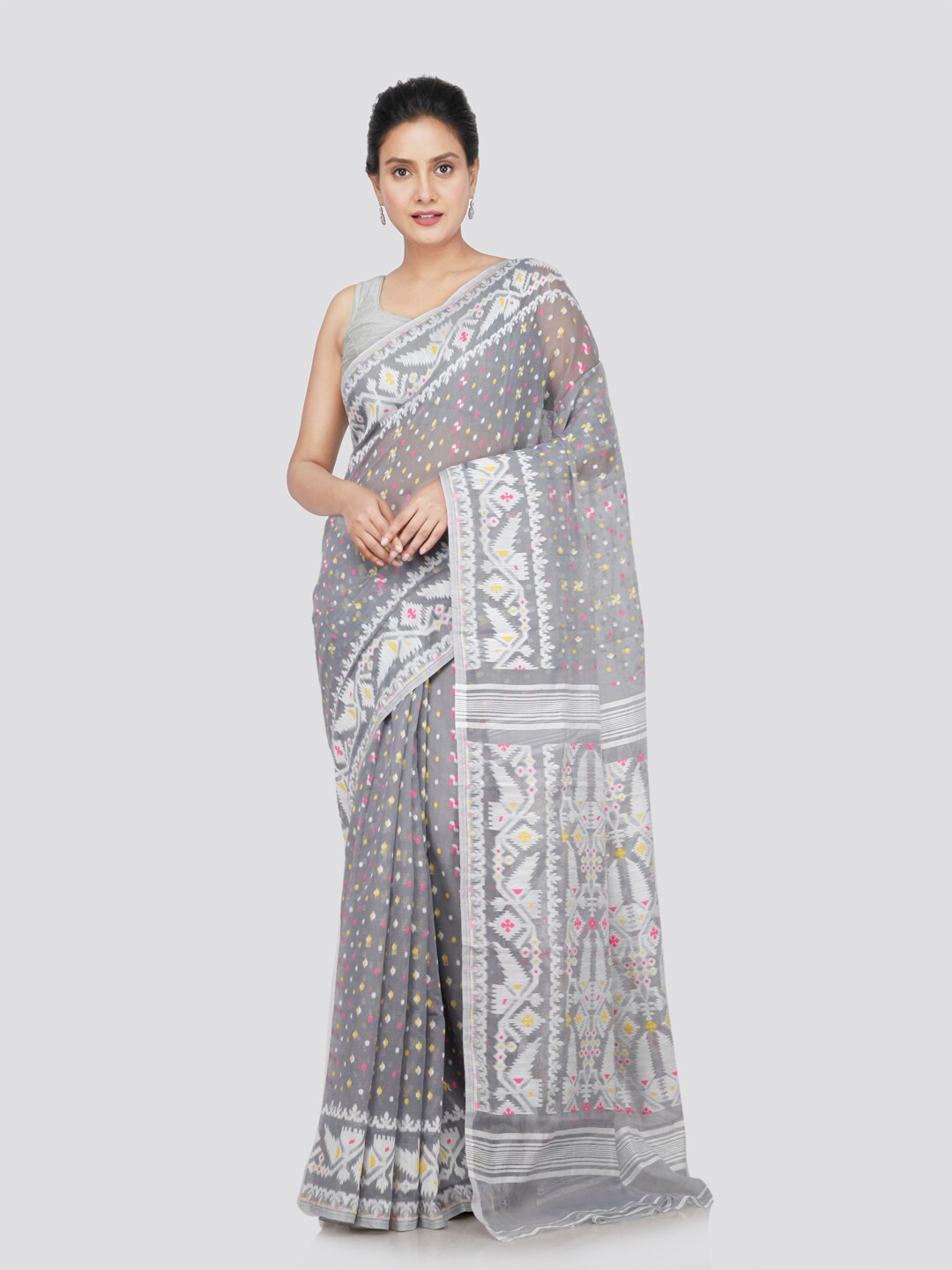 

PinkLoom Woven Design Pure Cotton Jamdani Saree, Grey