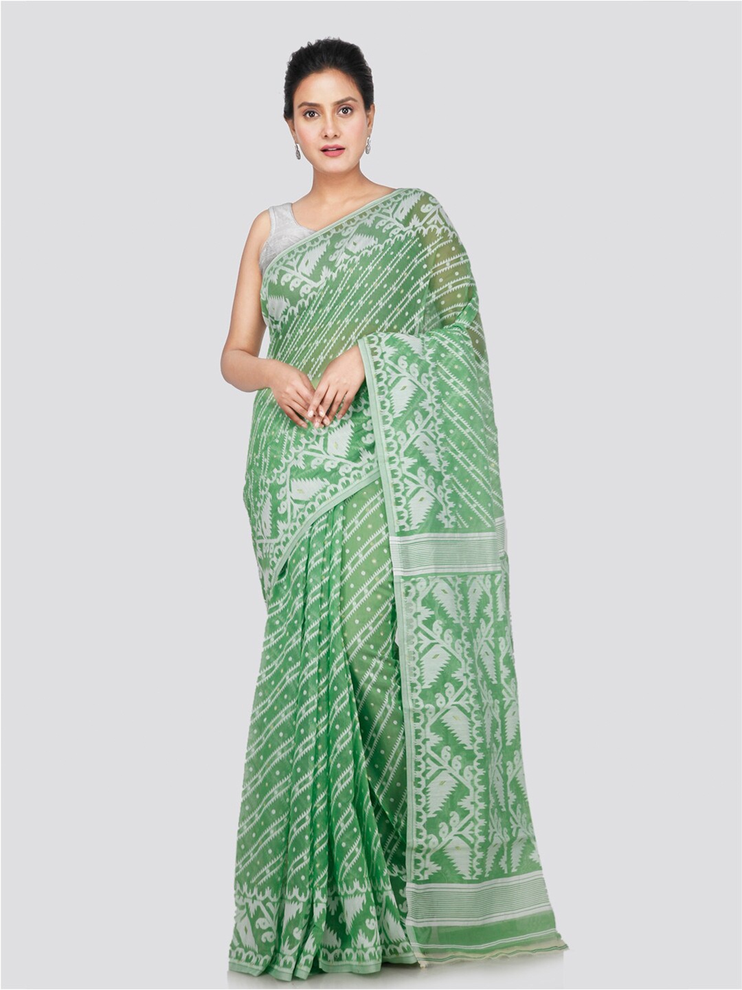 

PinkLoom Ethnic Motifs Woven Design Pure Cotton Jamdani Saree, Green