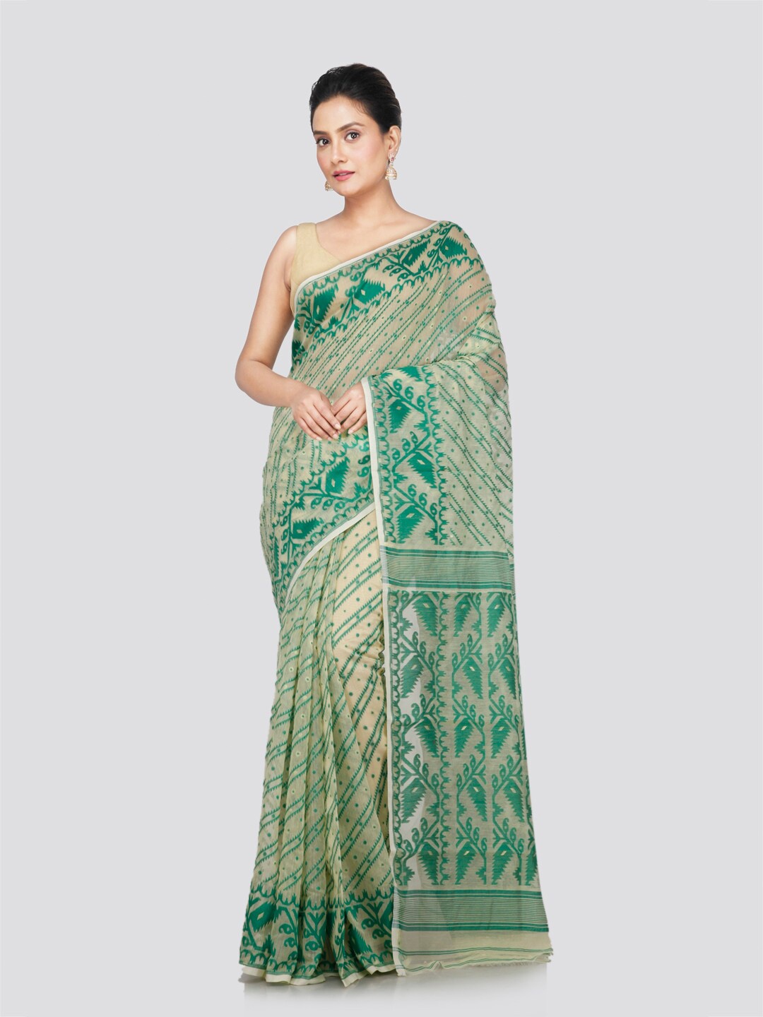 

PinkLoom Ethnic Motifs Woven Design Pure Cotton Jamdani Saree, Beige