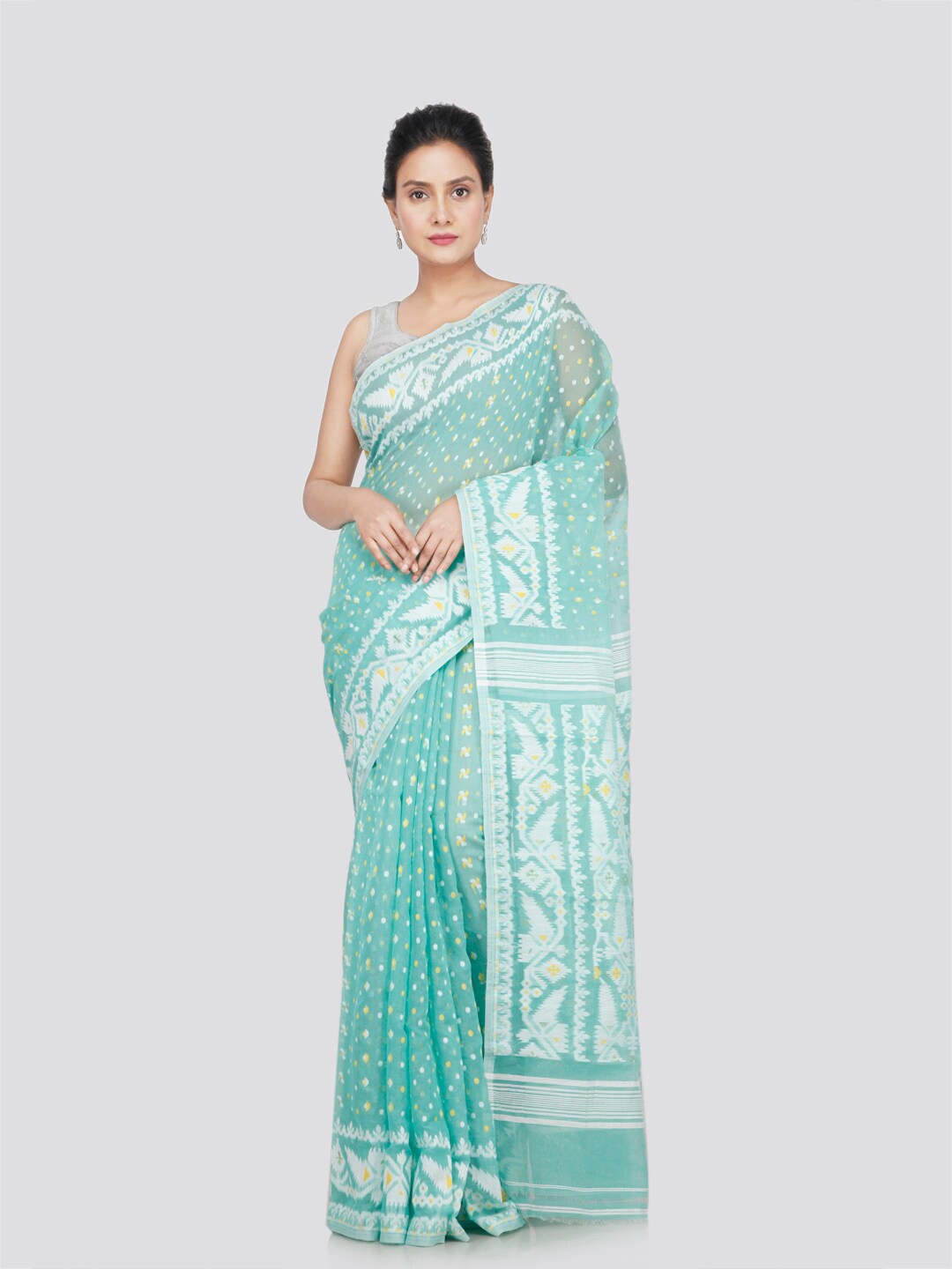 

PinkLoom Floral Pure Cotton Jamdani Saree, Sea green