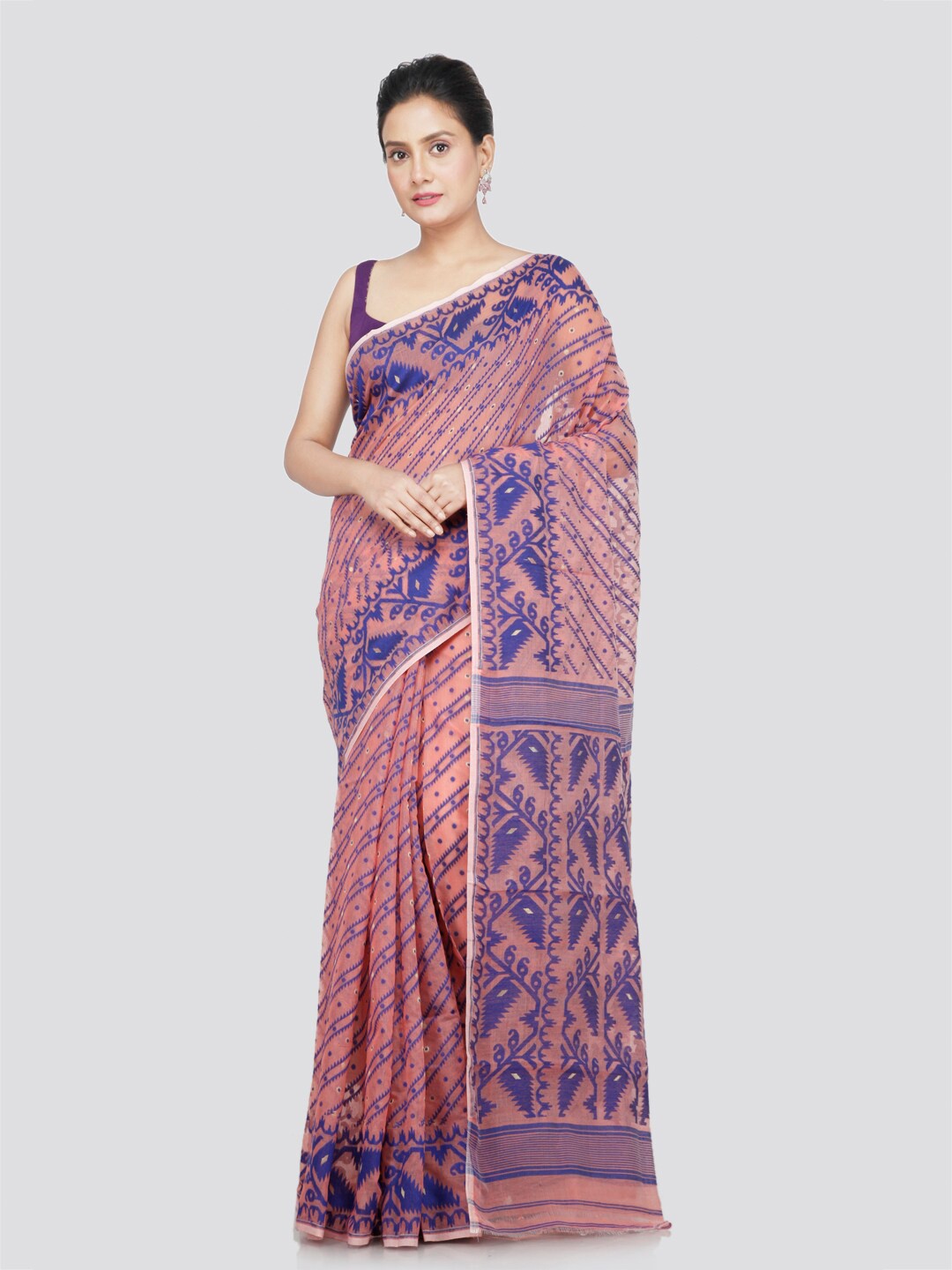 

PinkLoom Ethnic Motifs Woven Design Pure Cotton Jamdani Saree, Peach