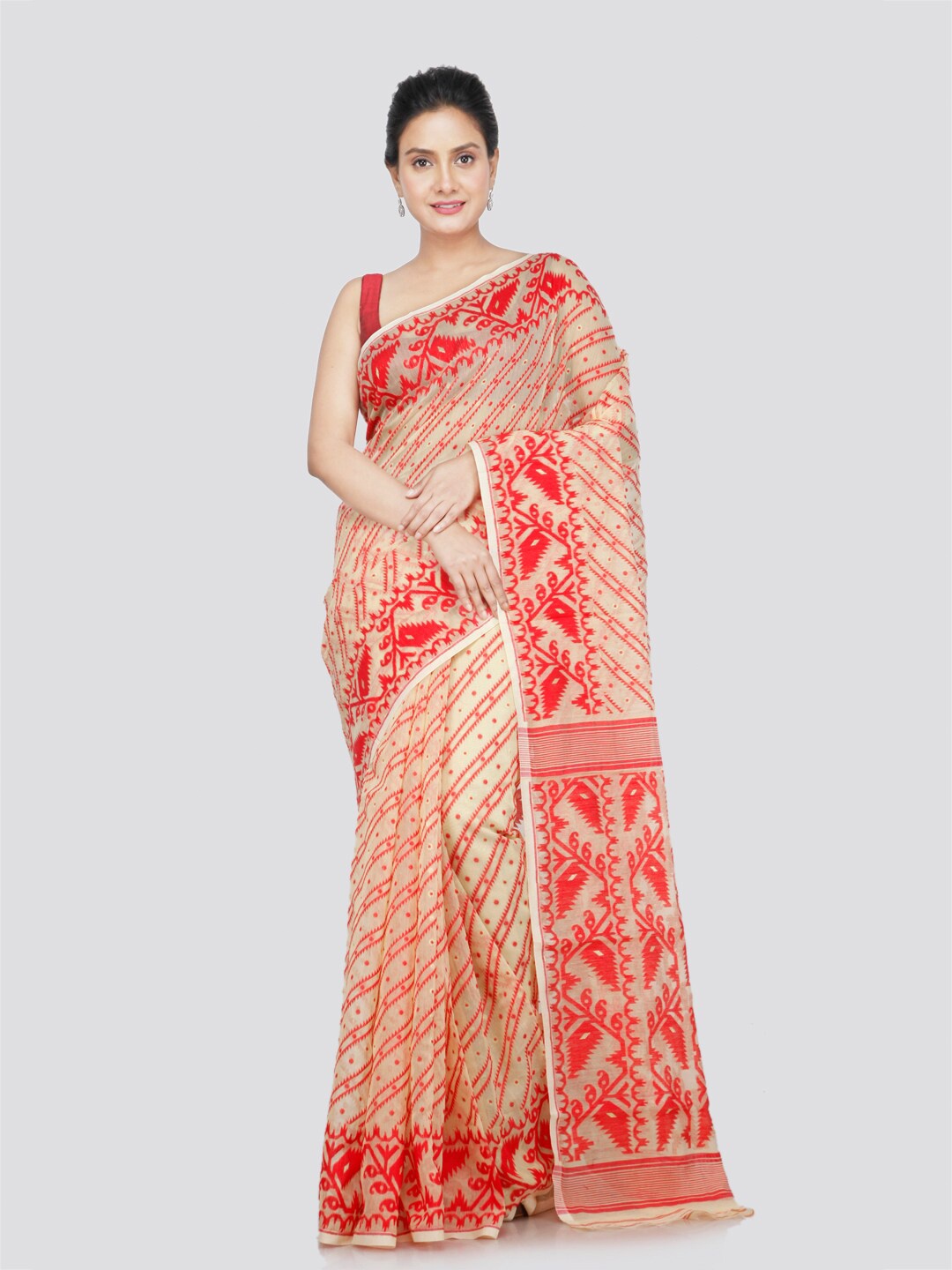 

PinkLoom Woven Design Pure Cotton Jamdani Saree, Beige