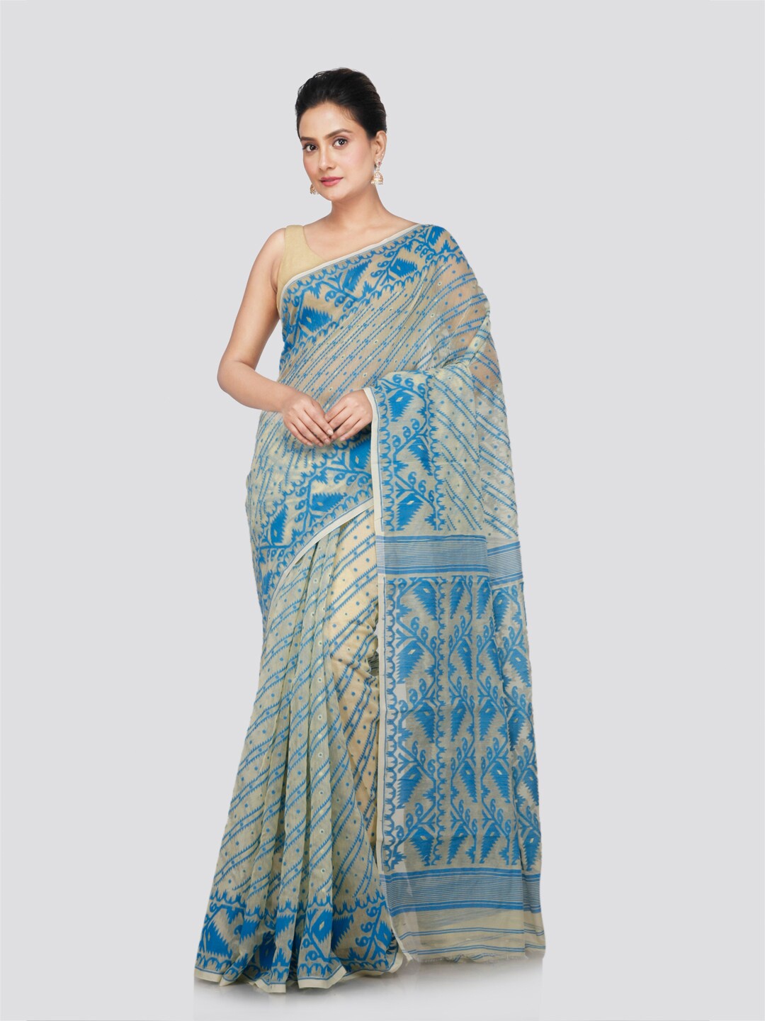 

PinkLoom Ethnic Motifs Woven Design Pure Cotton Jamdani Saree, Beige