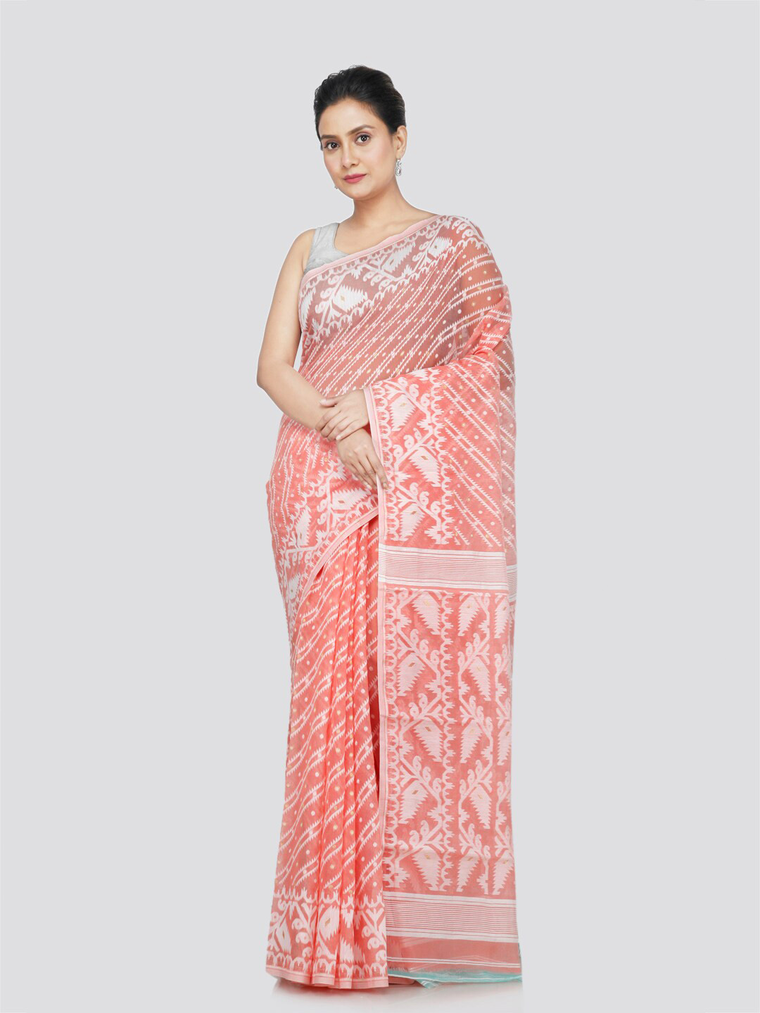 

PinkLoom Ethnic Motifs Woven Design Pure Cotton Jamdani Saree, Peach