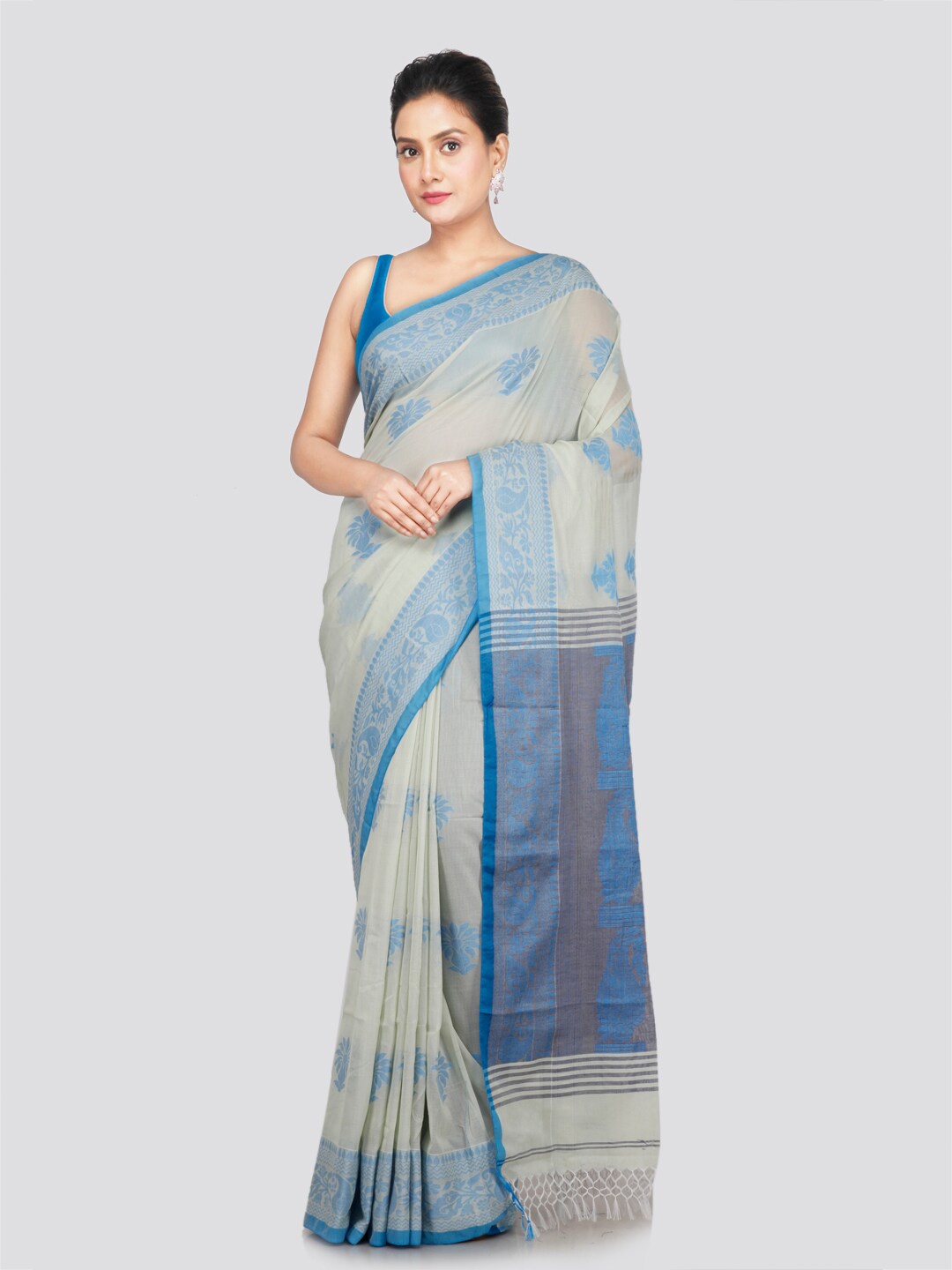 

PinkLoom Floral Woven Design Pure Cotton Saree, Off white