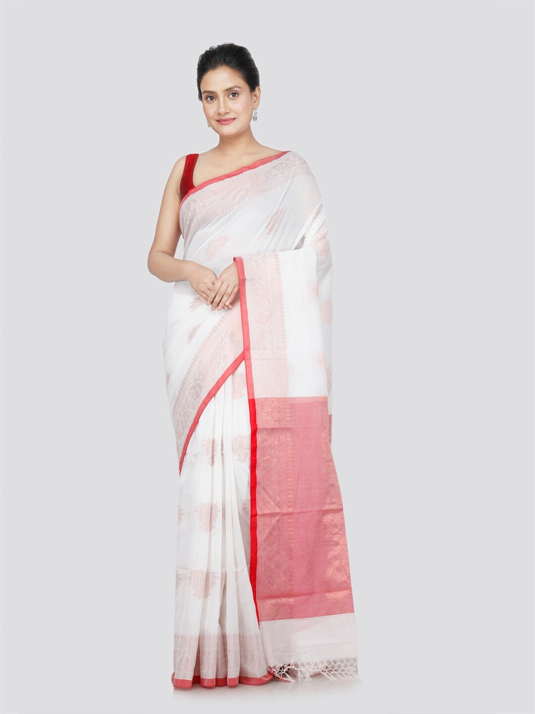 

PinkLoom Ethnic Motifs Woven Design Zari Pure Cotton Saree, White