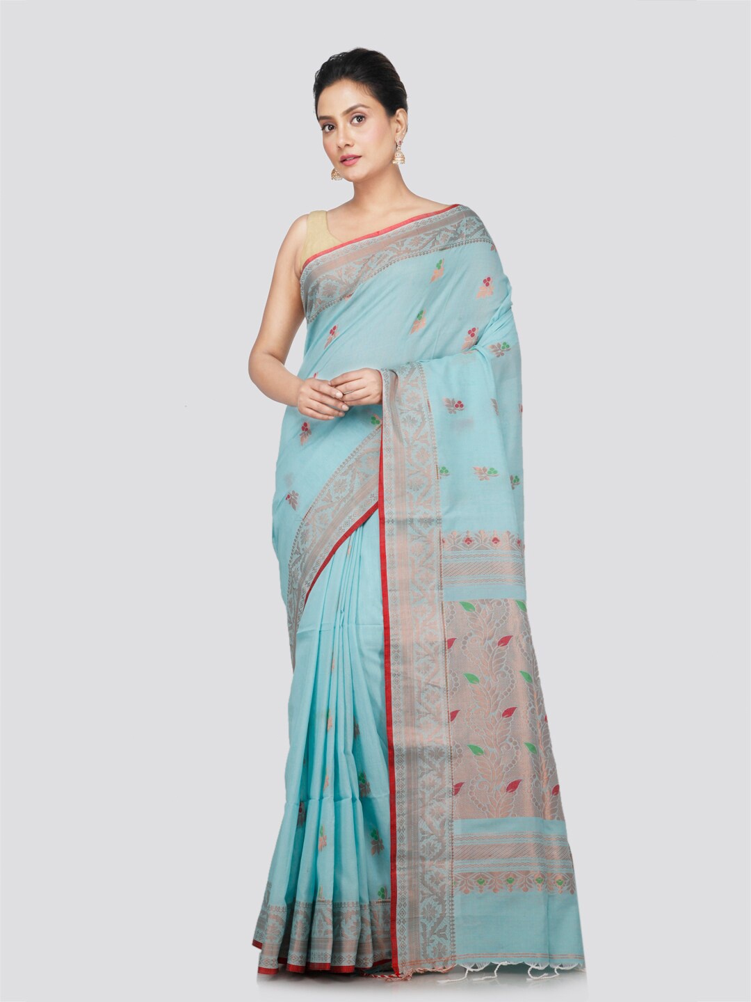 

PinkLoom Floral Woven Design Zari Pure Cotton Saree, Turquoise blue