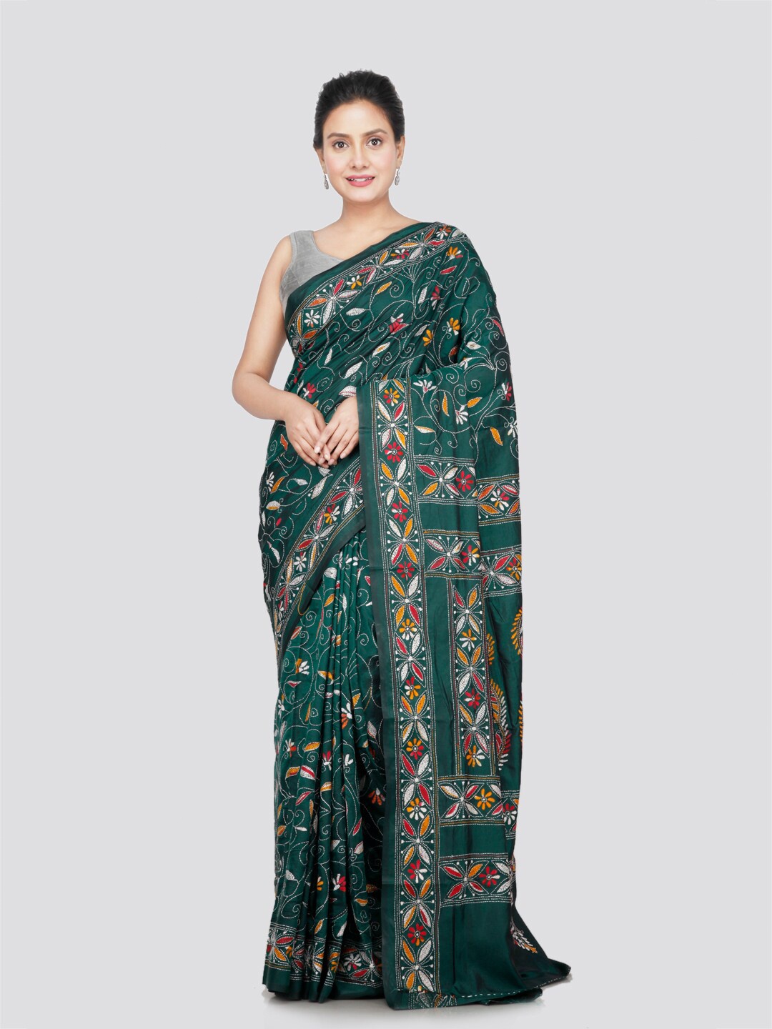 

PinkLoom Ethnic Motifs Woven Design Kantha Work Saree, Green
