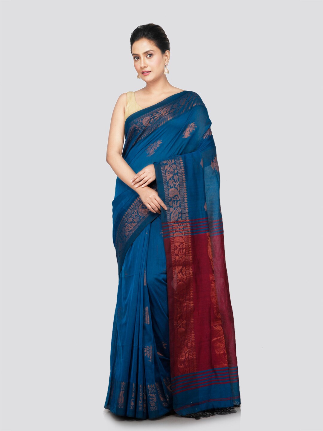 

PinkLoom Ethnic Motifs Woven Design Zari Pure Cotton Saree, Blue