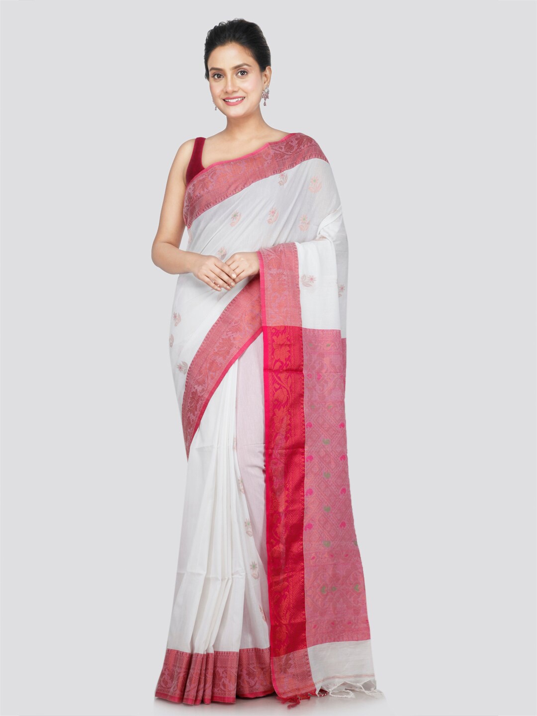 

PinkLoom Woven Design Zari Pure Cotton Saree, White