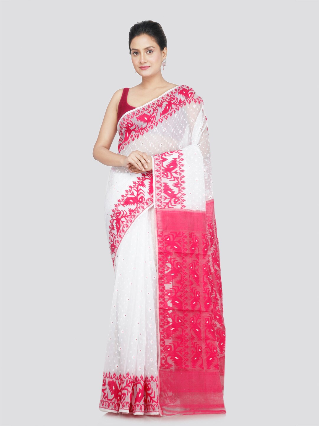 

PinkLoom Ethnic Motifs Pure Cotton Jamdani Saree, White