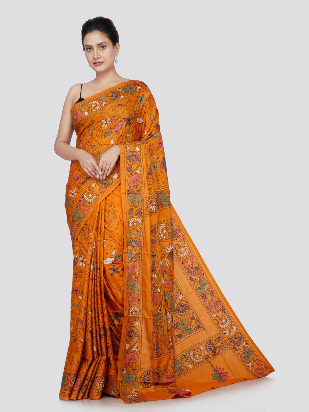 

PinkLoom Floral Kantha Work Saree, Yellow