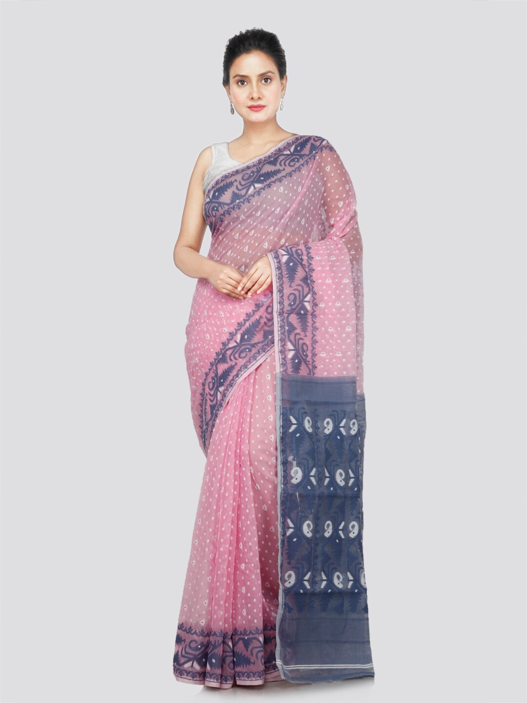 

PinkLoom Ethnic Motifs Woven Design Zari Pure Cotton Jamdani Saree, Pink