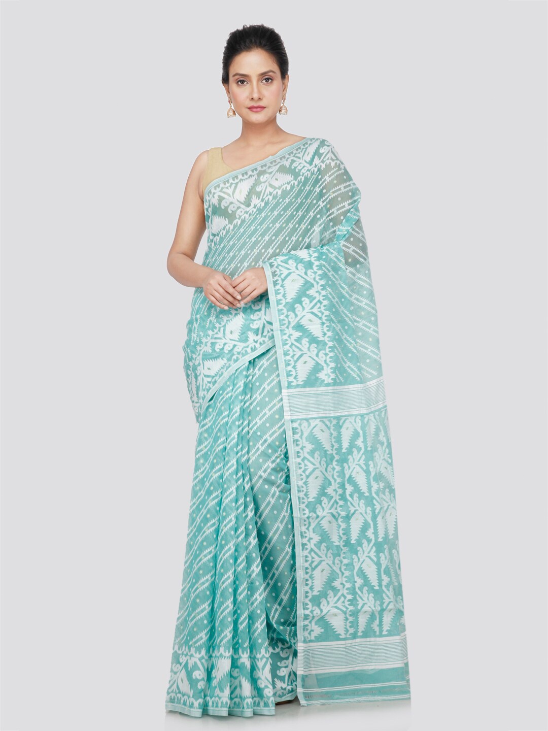 

PinkLoom Ethnic Motifs Woven Design Pure Cotton Jamdani Saree, Turquoise blue