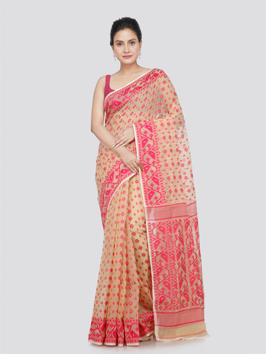 

PinkLoom Woven Design Pure Cotton Jamdani Saree, Beige