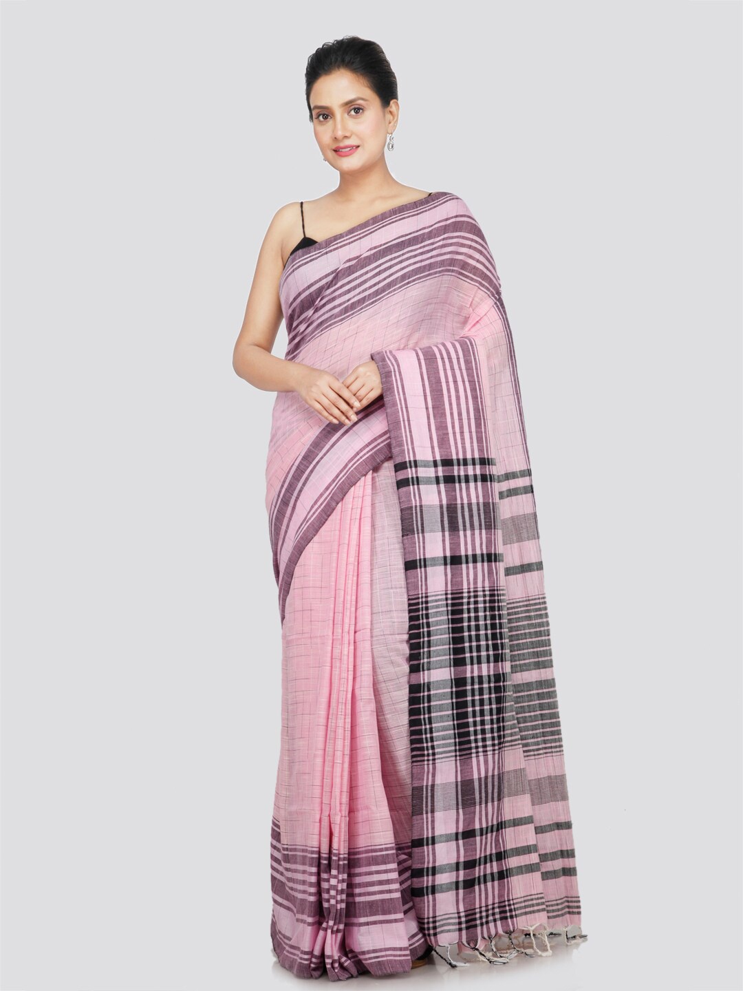 

PinkLoom Striped Pure Cotton Saree, Pink