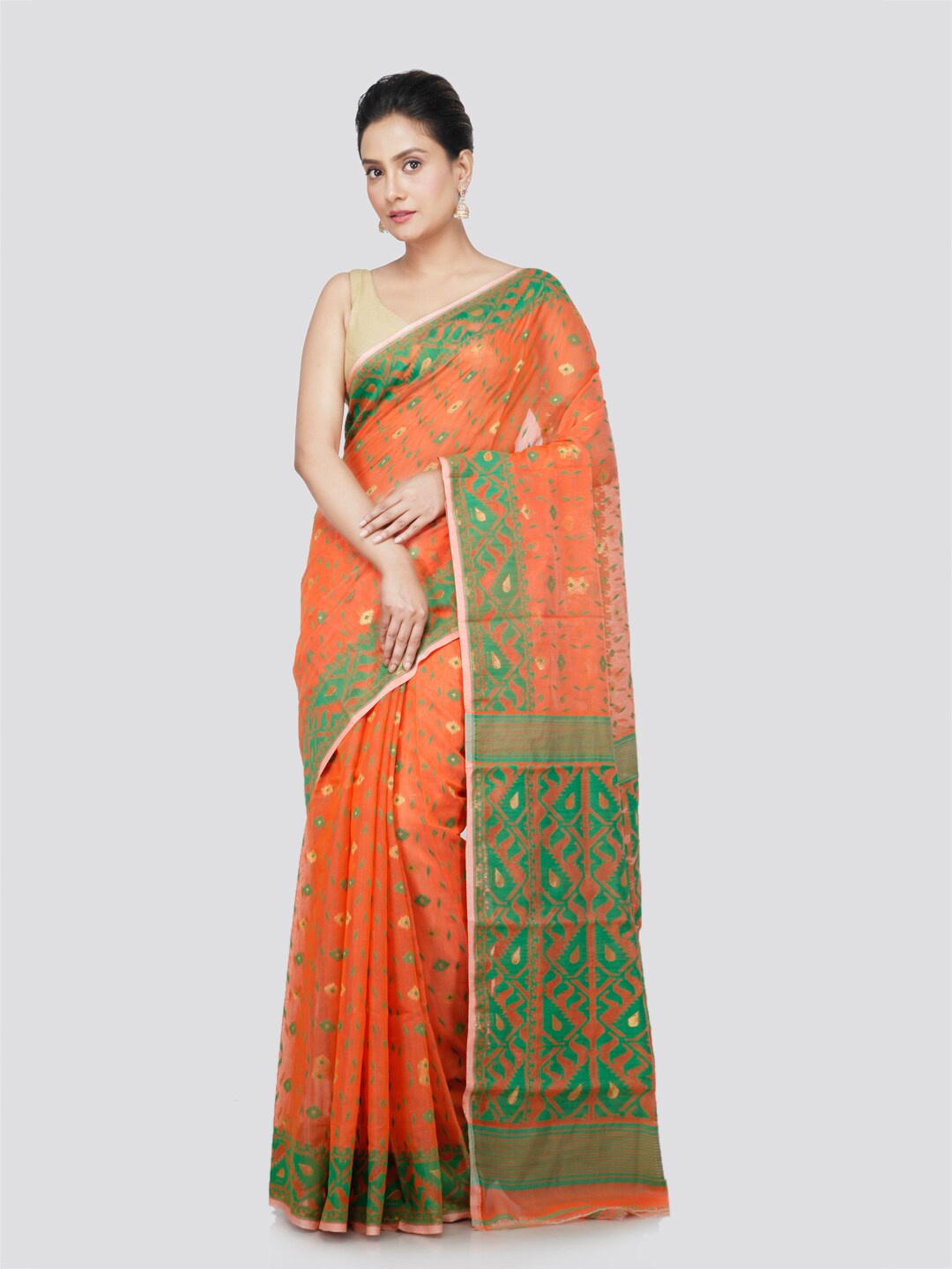 

PinkLoom Floral Printed Pure Cotton Jamdani Saree, Orange