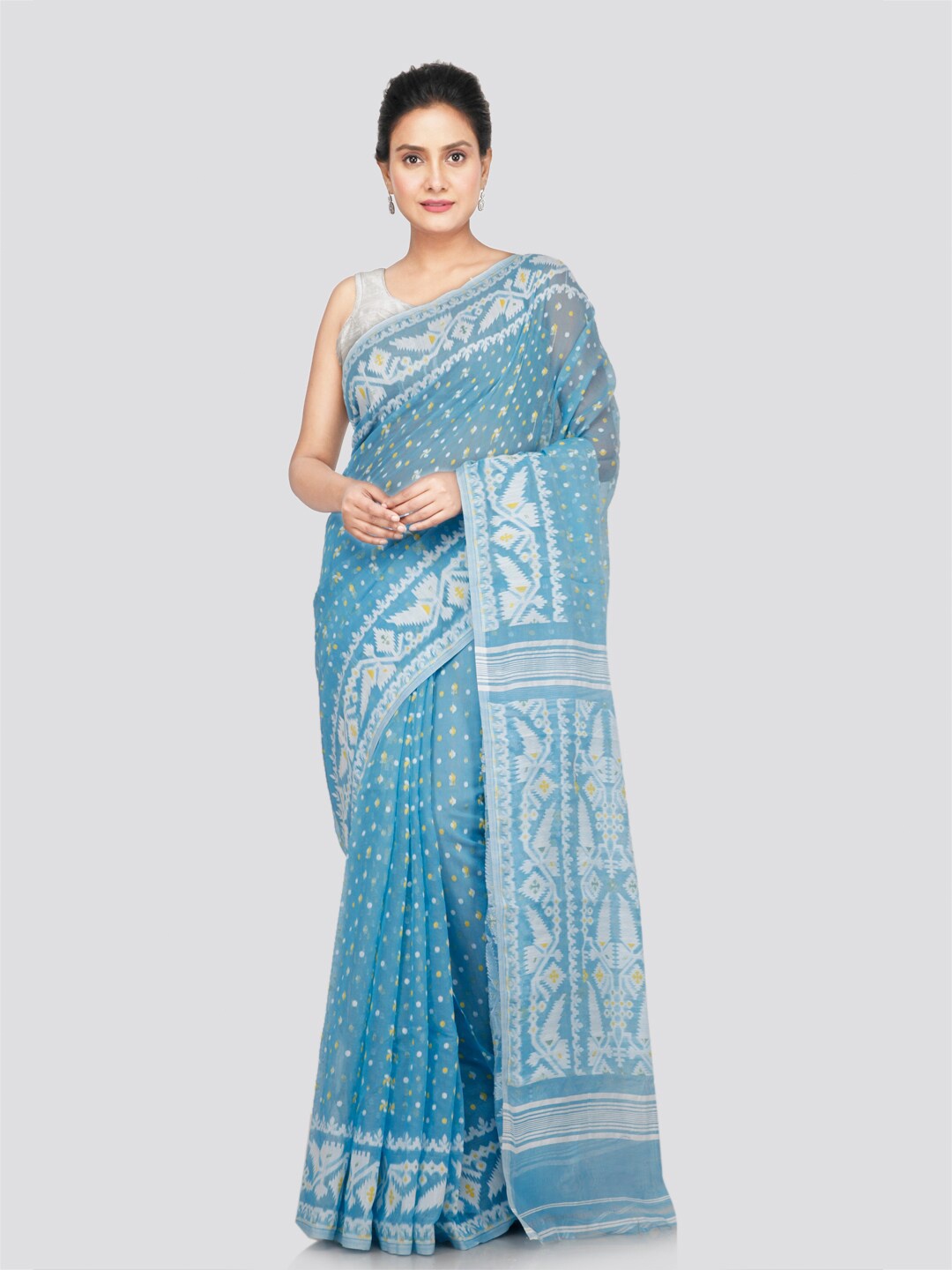 

PinkLoom Floral Woven Design Pure Cotton Jamdani Saree, Blue