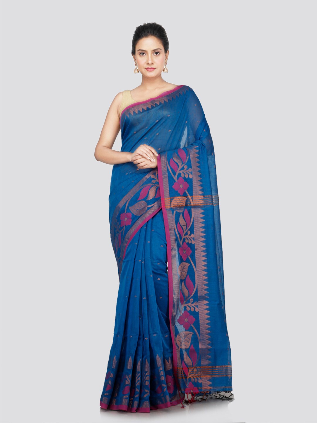 

PinkLoom Ethnic Motifs Zari Pure Cotton Saree, Blue