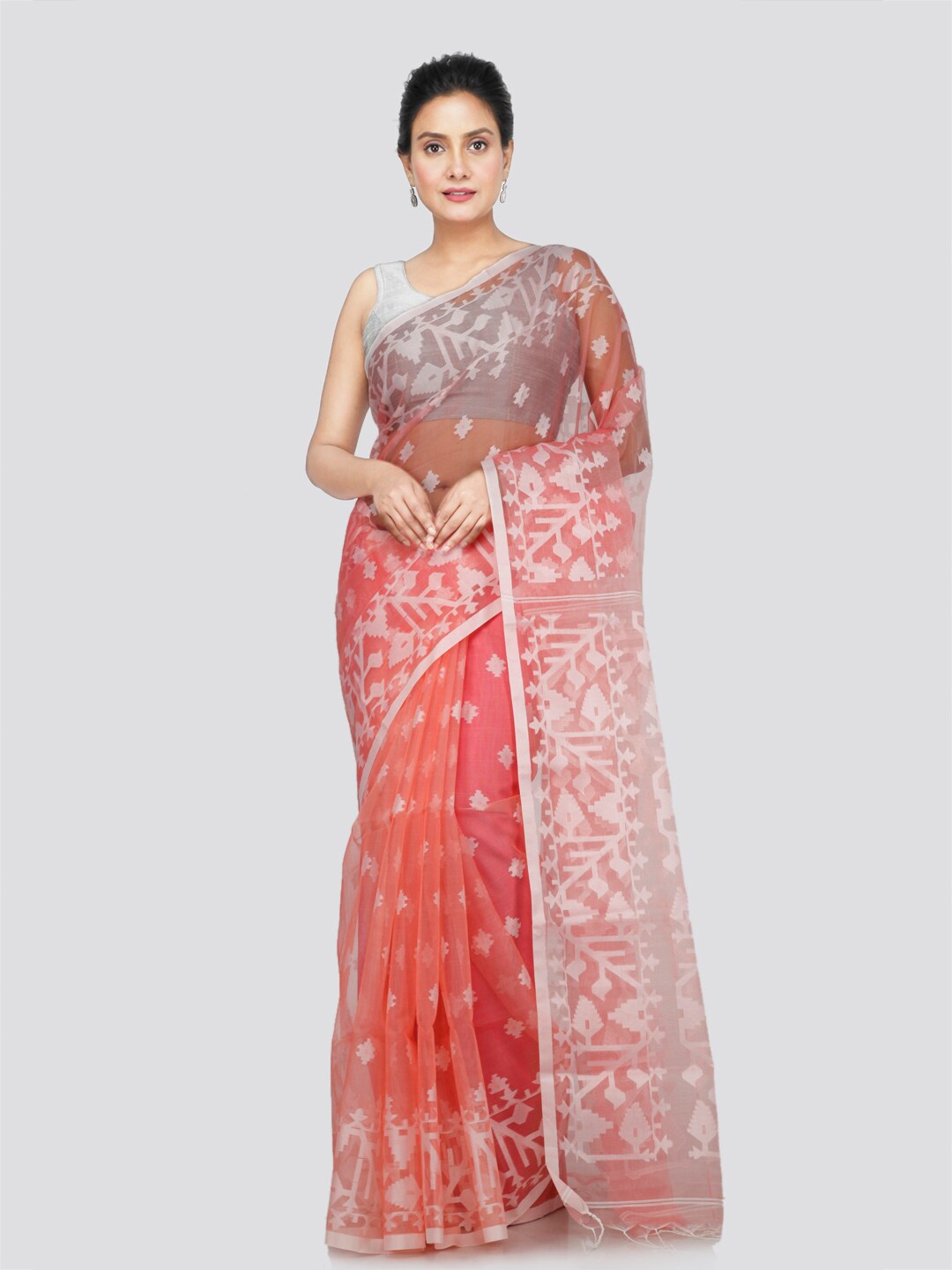 

PinkLoom Ethnic Motifs Woven Design Silk Blend Jamdani Saree, Peach