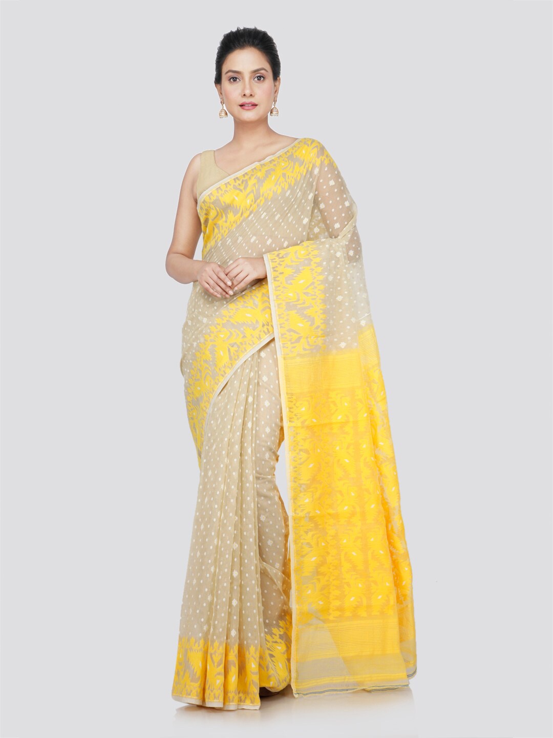 

PinkLoom Woven Design Pure Cotton Jamdani Saree, Beige