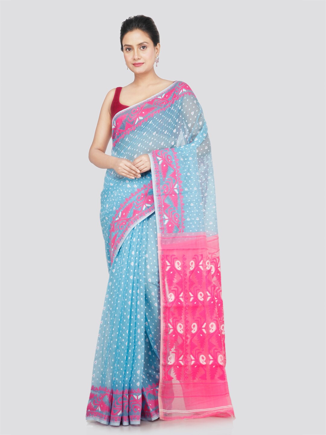 

PinkLoom Ethnic Motifs Woven Design Zari Pure Cotton Jamdani Saree, Blue