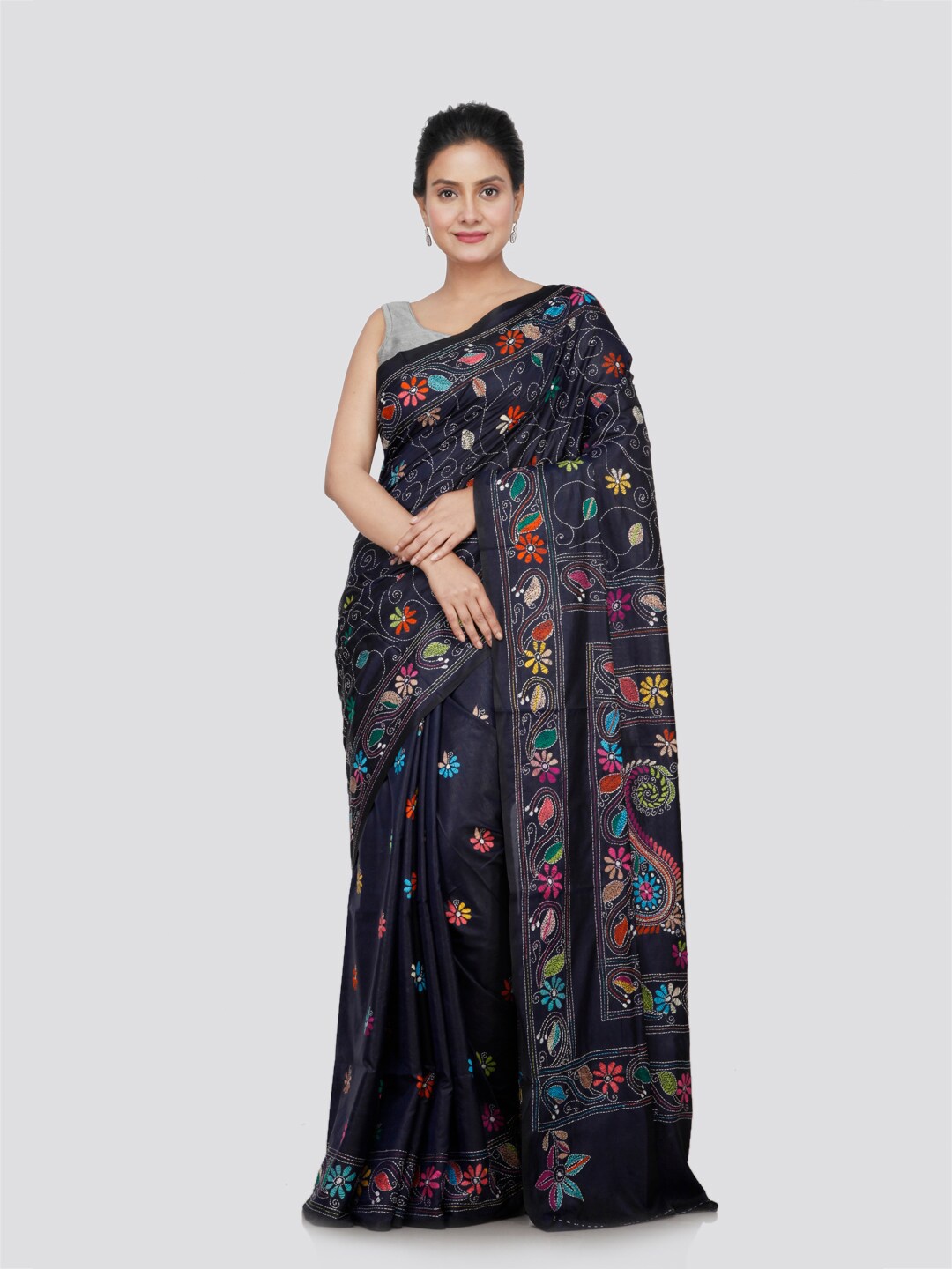 

PinkLoom Floral Kantha Work Saree, Blue