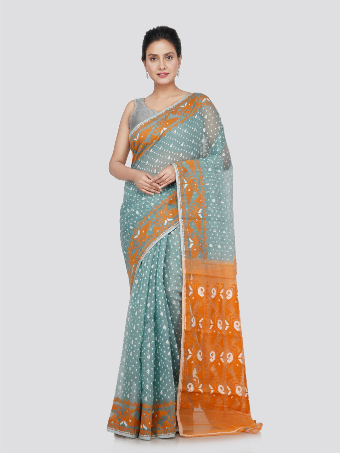 

PinkLoom Ethnic Motifs Pure Cotton Jamdani Saree, Blue