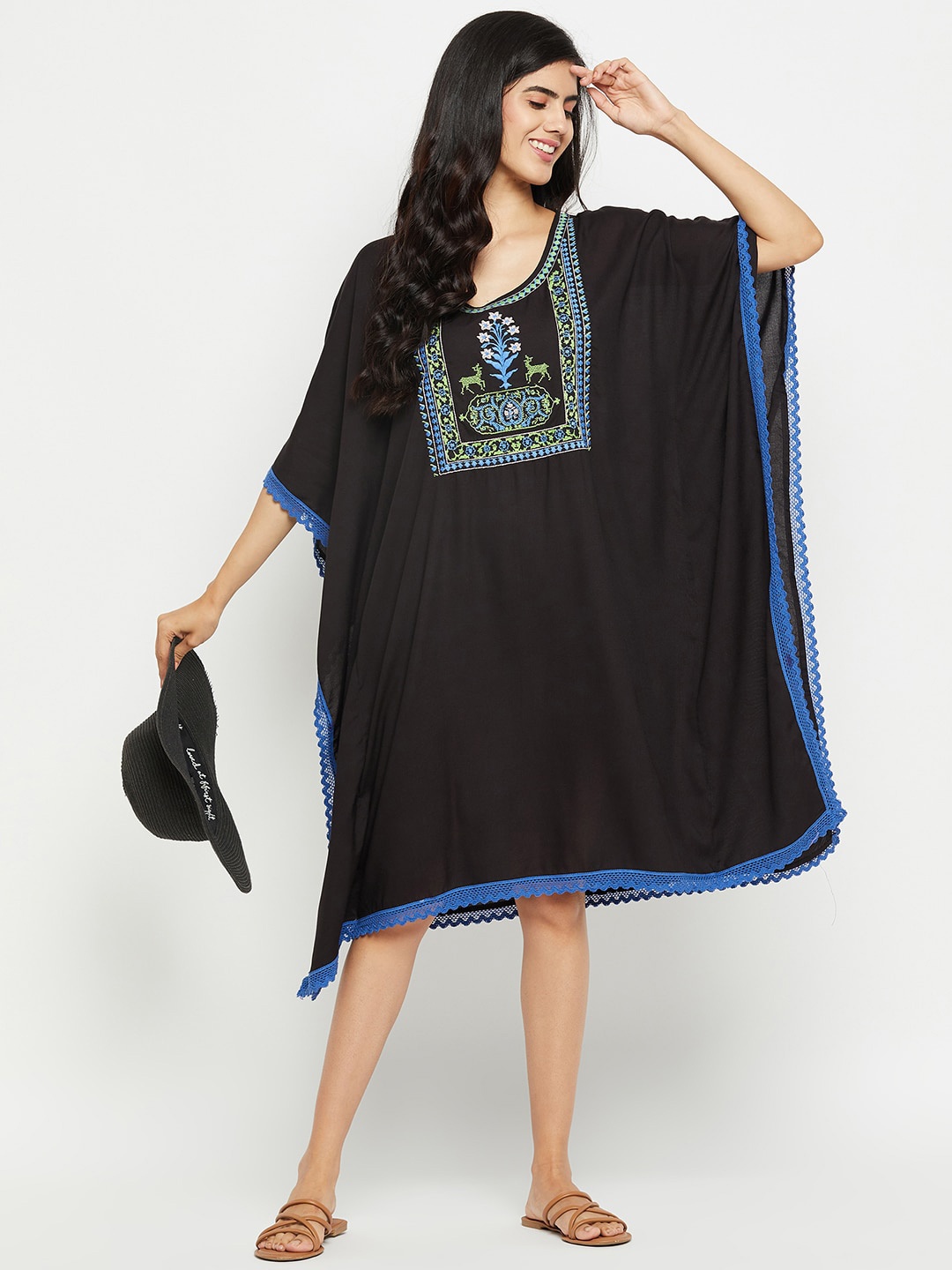 

Ruhaans Ethnic Motifs Embroidered Kaftan Dress, Black
