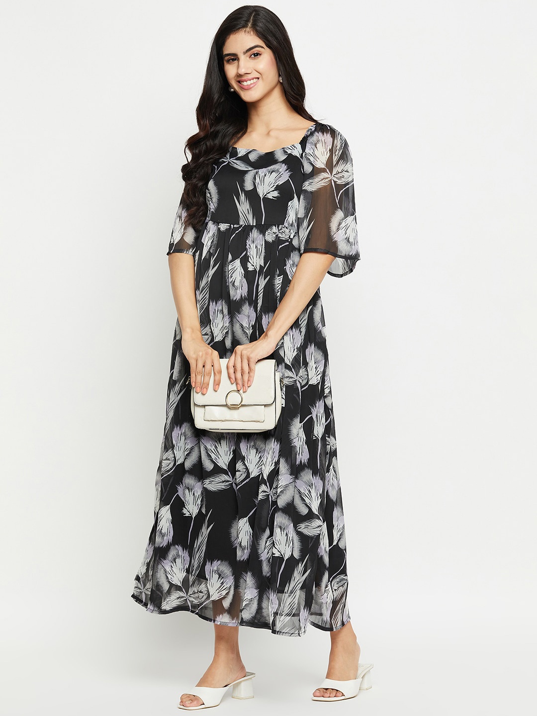 

Ruhaans Floral Print Square Neck Georgette Maxi Dress, Black